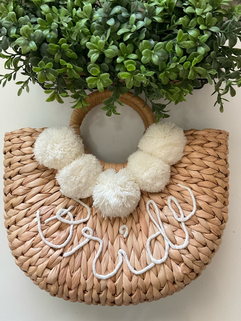 Round Handle Woven Straw Tote with White Pom-Poms